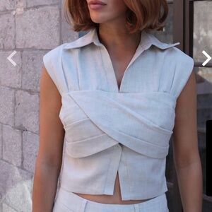 NWT Commense Linen Blend Cropped Blouse with Cross Wrap Detail Khaki $44.00 S